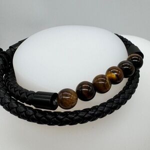 Hurley Men's Tiger Eye Bead Double Wrap Braided Leather Bracelet Magnetic Clasp